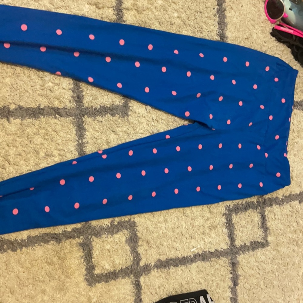 Blue pants with pink dots